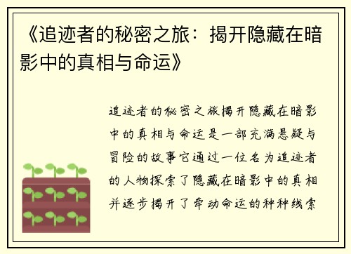 《追迹者的秘密之旅：揭开隐藏在暗影中的真相与命运》