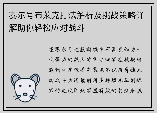 赛尔号布莱克打法解析及挑战策略详解助你轻松应对战斗